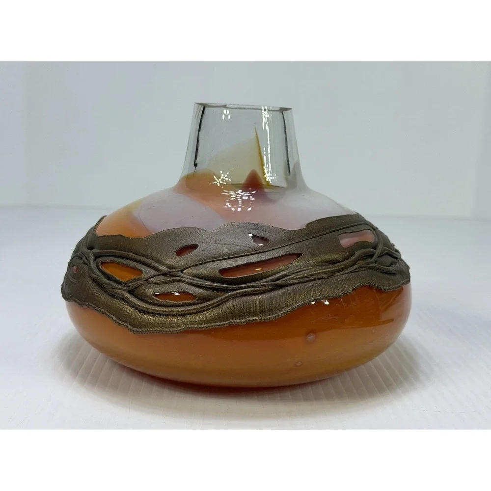 Hand Blown Art Glass Vase Decorative Copper Coated Metal Ring Embedded Orange